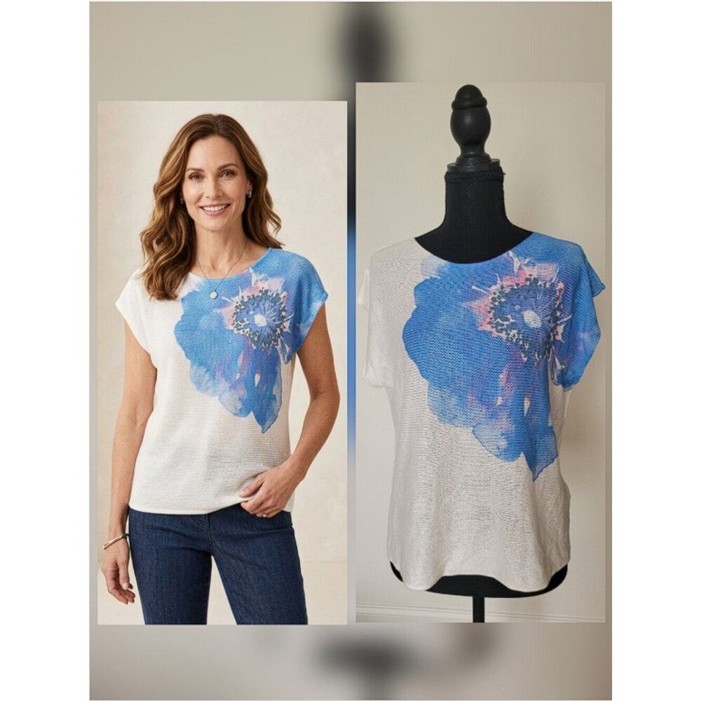 Bianco & Blu Floral Sleeveless Sweater Top Size L